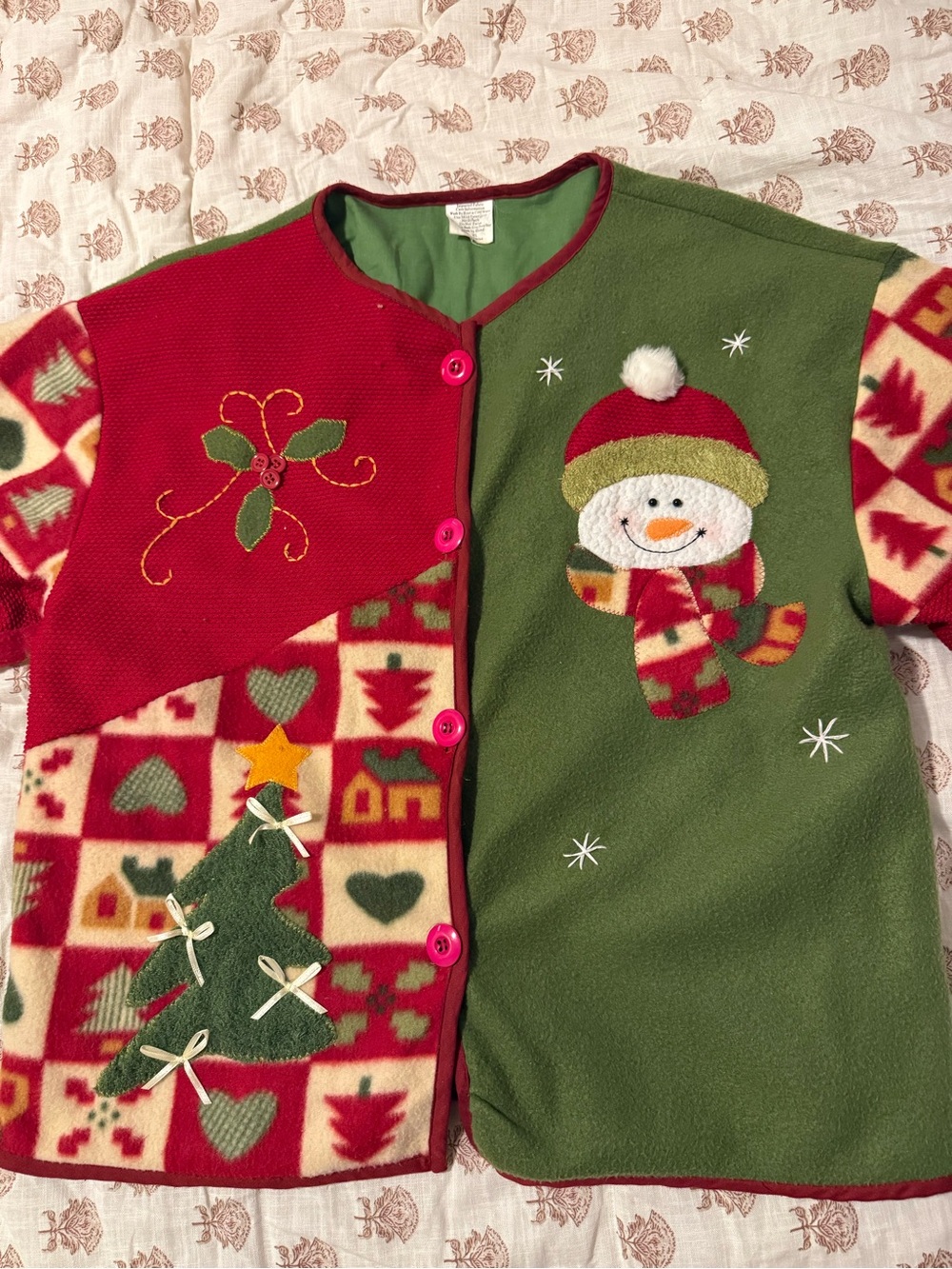 Holiday Patchwork Snowman Fleece Cardigan - Red & Green